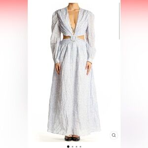 Light blue and white open back dress